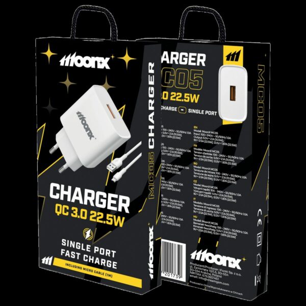 MOONX wall charger MC05 22,5W 1xUSB QC3.0 + cable Micro USB White
