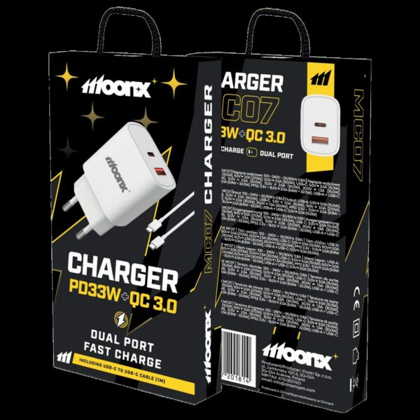 MOONX wall charger MC07 PD 33W 1xUSB-C + 1xUSB QC3.0 + cable USB-C - USB-C White