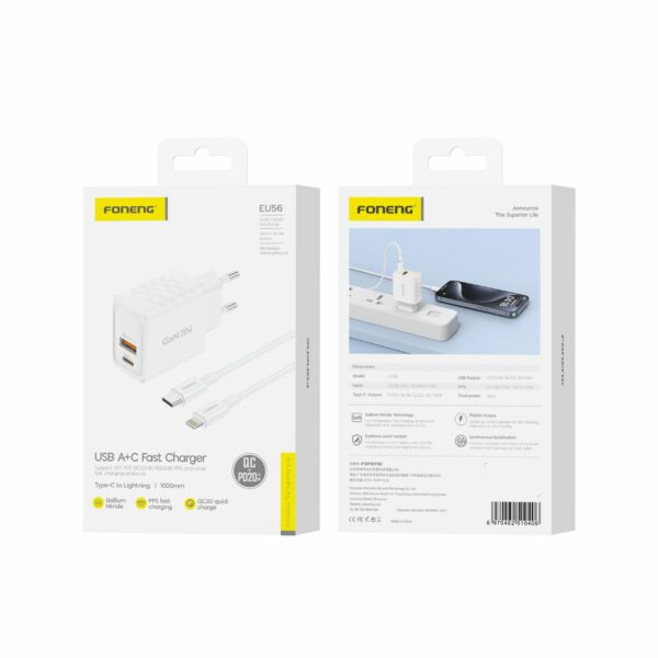 FONENG wall charger EU56 GaN PD 20W 1xUSB-C + 1xUSB QC3.0 + cable USB-C - Lightning White