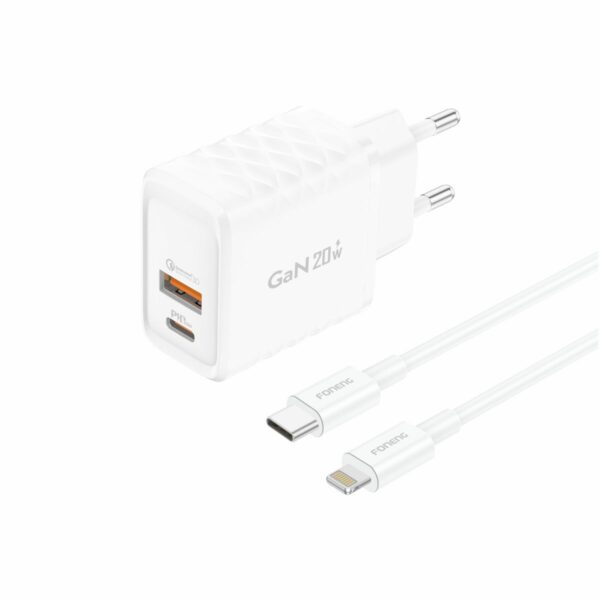 FONENG wall charger EU56 GaN PD 20W 1xUSB-C + 1xUSB QC3.0 + cable USB-C - Lightning White