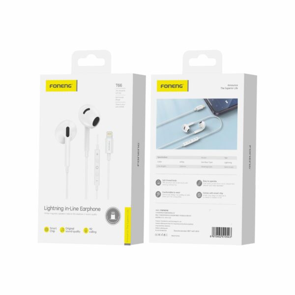 FONENG wired earphones T66 Lightning with microphone 1.2M White