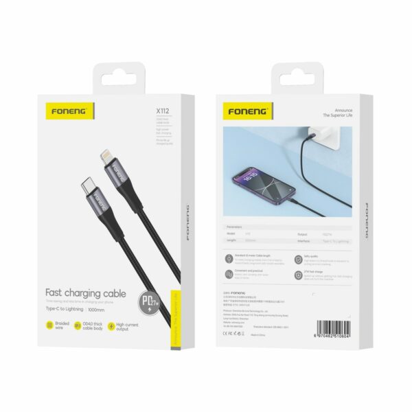 FONENG cable X112 USB-C - Lightning PD 27W 1M Black