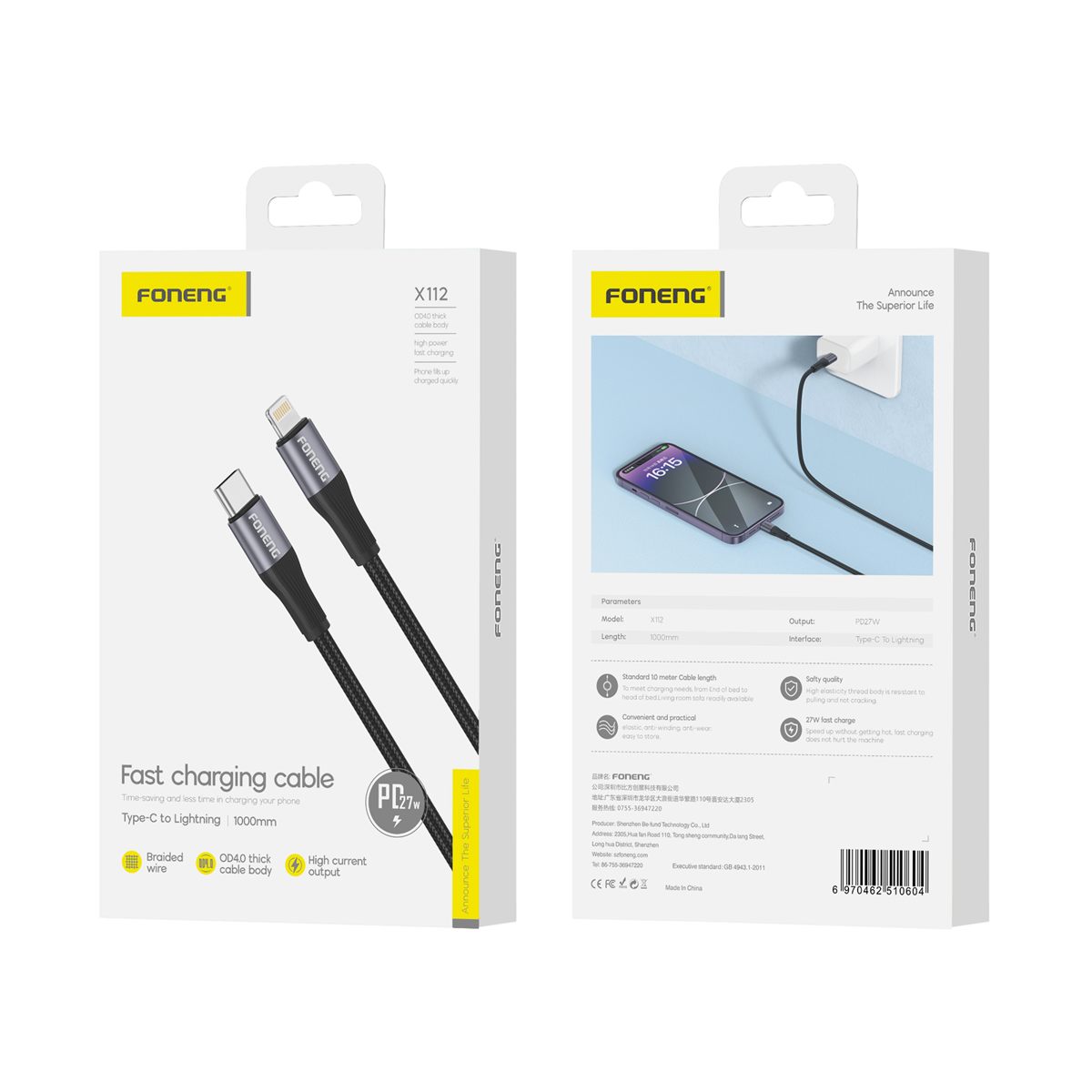 FONENG cable X112 USB-C - Lightning PD 27W 1M Black FONENG cable X112 USB-C - Lightning PD 27W 1M Black