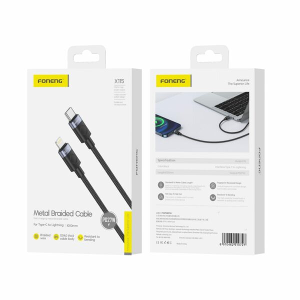 FONENG cable X115 USB-C - Lightning PD 27W 1M Black