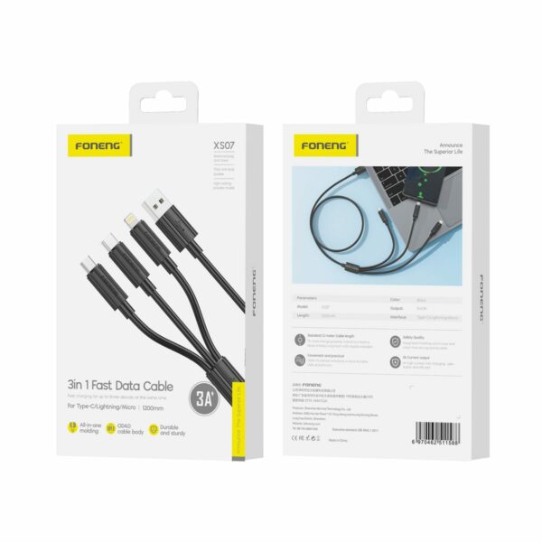 FONENG cable XS07 3w1 3A 1.2M Black