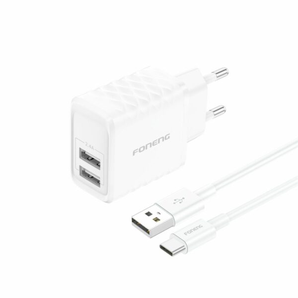 FONENG wall charger EU53 2.4A 12W 2xUSB + cable USB-C White
