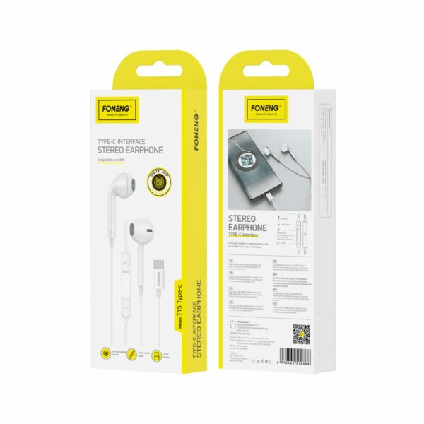 FONENG wired earphones T15 USB-C with microphone 1.2M White