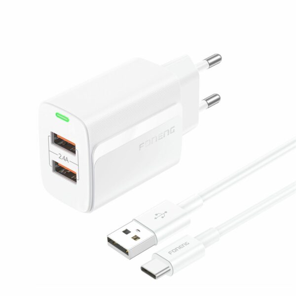 FONENG wall charger EU63 2.4A 12W 2xUSB + cable USB-C White