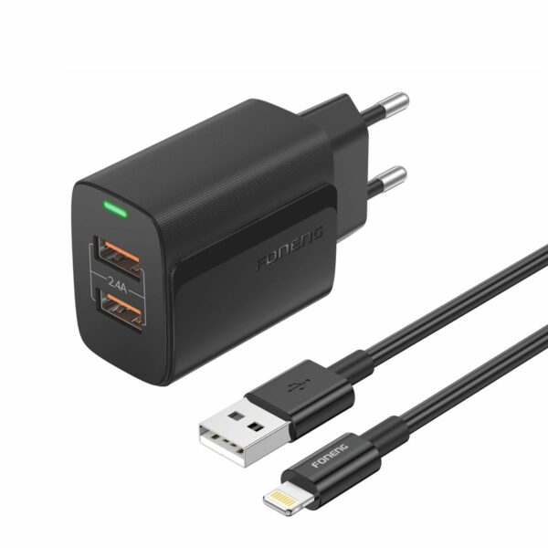 FONENG wall charger EU63 2.4A 12W 2xUSB + cable Lightning Black