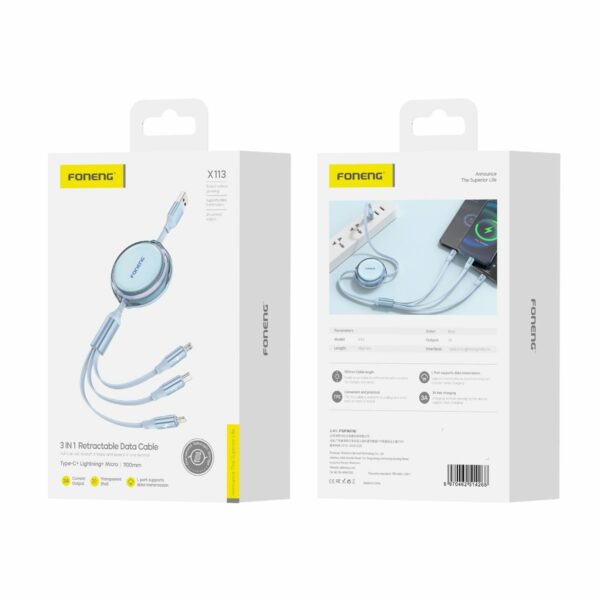 FONENG cable X113 3w1 3A 1.1M Blue