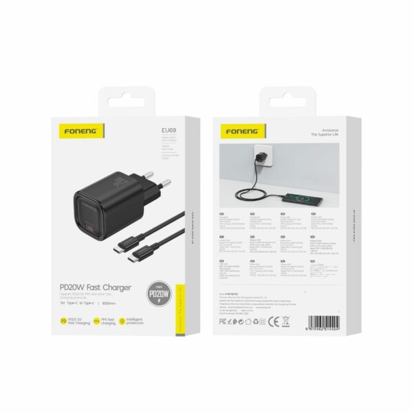 FONENG wall charger EU69 PD 20W 1xUSB-C + cable USB-C - USB-C Black