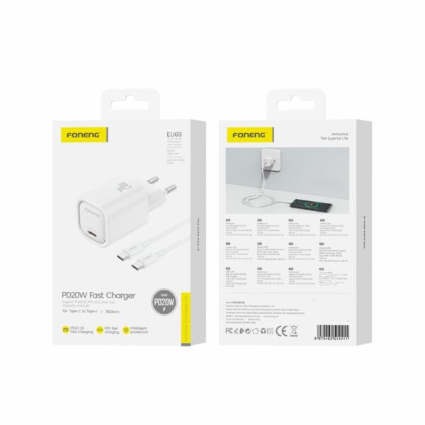 FONENG wall charger EU69 PD 20W 1xUSB-C + cable USB-C - USB-C White