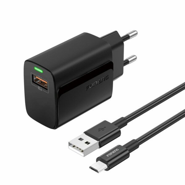 FONENG wall charger EU64 18W 1xUSB QC3.0 + cable Micro Black