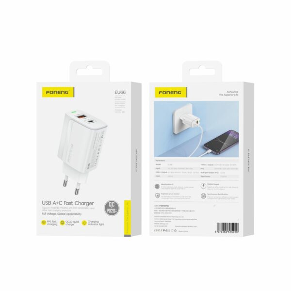 FONENG wall charger EU66 PD 20W 1xUSB-C + 1xUSB QC3.0 White