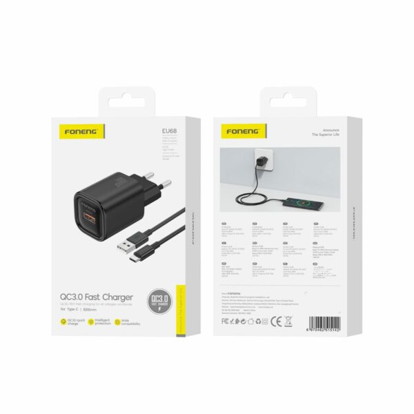 FONENG wall charger EU68 18W 1xUSB QC3.0 + cable USB-C Black