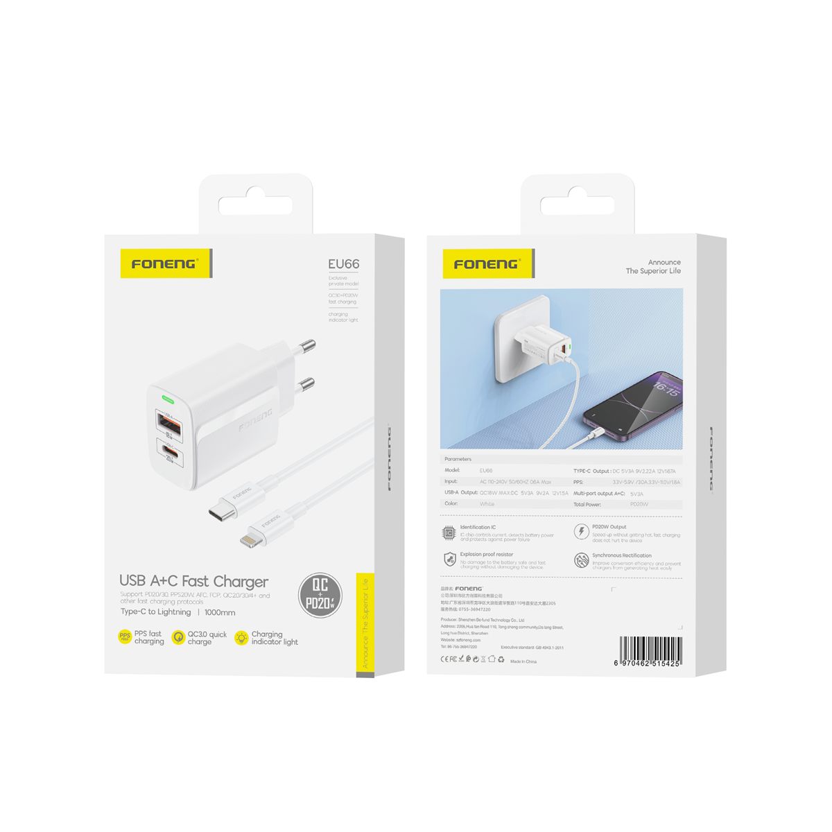 FONENG wall charger EU66 PD 20W 1xUSB-C + 1xUSB QC3.0 + cable USB-C - Lightning White FONENG wall charger EU66 PD 20W 1xUSB-C + 1xUSB QC3.0 + cable USB-C - Lightning White
