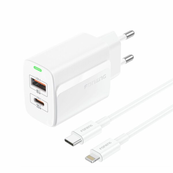 FONENG wall charger EU66 PD 20W 1xUSB-C + 1xUSB QC3.0 + cable USB-C - Lightning White