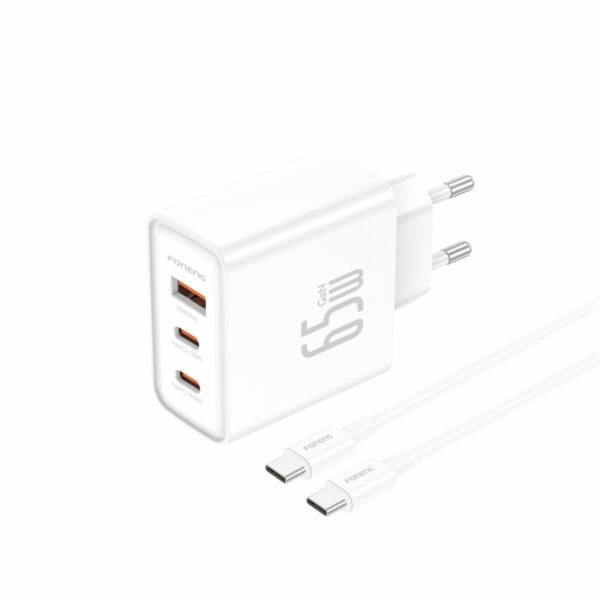 FONENG wall charger Gan50-EU GaN PD 65W 2xUSB-C + 1xUSB QC3.0 + cable USB-C - USB-C White