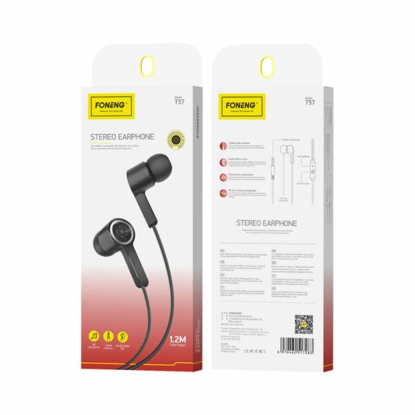 FONENG wired earphones T57 JACK 3.5MM with microphone 1.2M Black