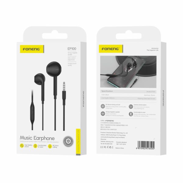 FONENG wired earphones EP100 JACK 3.5MM with microphone 1.2M Black