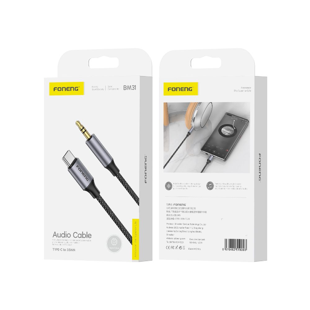 FONENG cable BM31 USB-C - JACK 3.5MM 1M Black FONENG cable BM31 USB-C - JACK 3.5MM 1M Black
