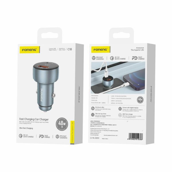 FONENG car charger C18 PD 48W 1xUSB-C + 1xUSB QC3.0 Silver