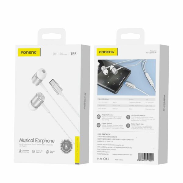 FONENG wired earphones T65 USB-C with microphone 1.2M White