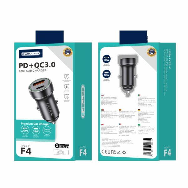 JELLICO car charger F4 PD 20W 1xUSB-C + 1xUSB QC3.0 + cable Lightning Black