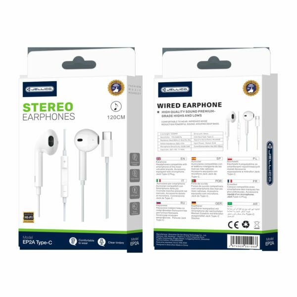 JELLICO wired earphones EP2A USB-C with microphone 1.2M White