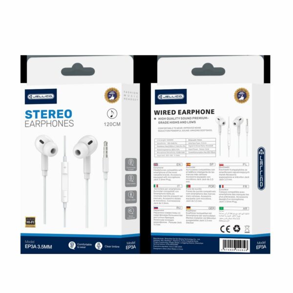 JELLICO wired earphones EP3A JACK 3.5MM with microphone 1.2M White