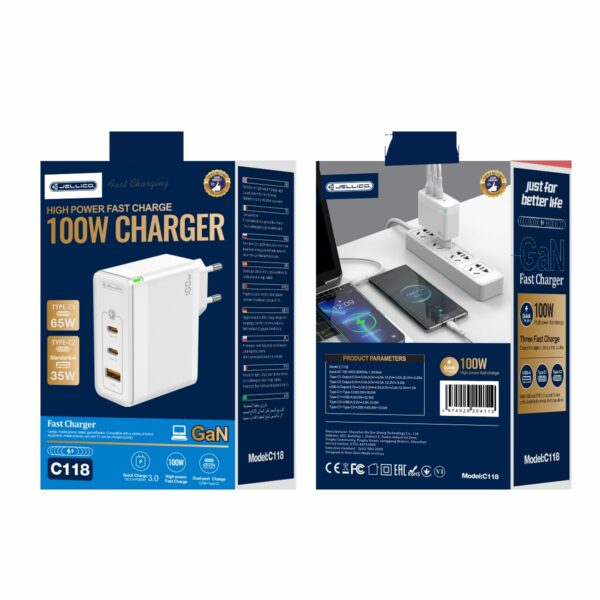 JELLICO wall charger C118 GaN PD 100W 2xUSB-C + 1xUSB QC3.0 White