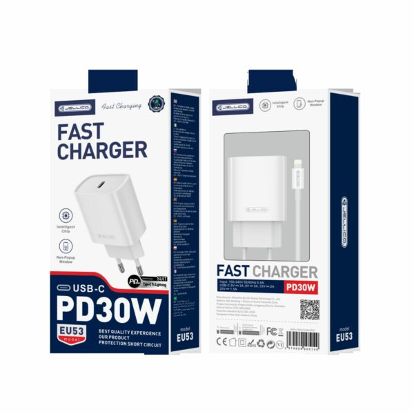 JELLICO wall charger EU53 PD 30W 1xUSB-C + cable USB-C - Lightning White