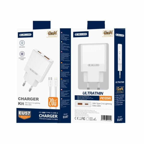 JELLICO wall charger EU57 PD 20W 1xUSB-C + 1xUSB QC3.0 + cable USB-C - Lightning White