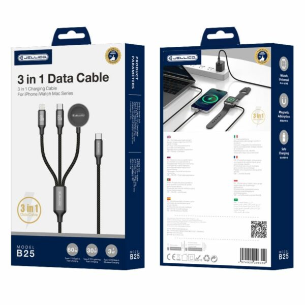 JELLICO kabel B25 3w1 (Apple Watch) 3.1A 1.2M Czarny