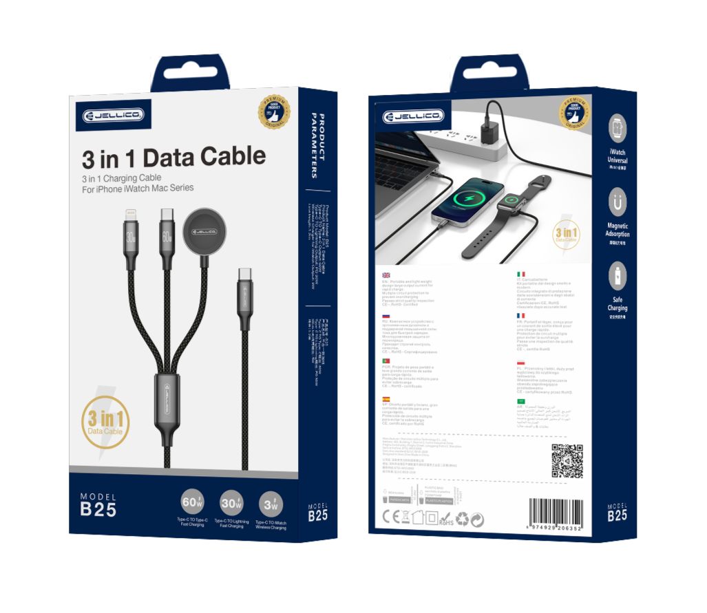 JELLICO kabel B25 3w1 (Apple Watch) 3.1A 1.2M Czarny JELLICO kabel B25 3w1 (Apple Watch) 3.1A 1.2M Czarny