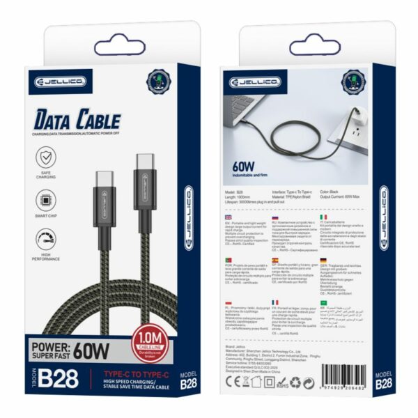 JELLICO cable B28 USB-C - USB-C PD 60W 1M Black