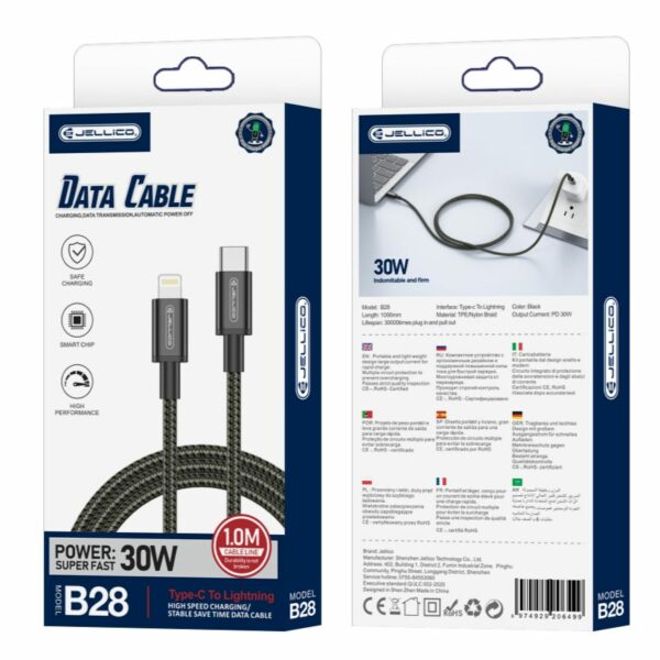 JELLICO cable B28 USB-C - Lightning PD 30W 1M Black