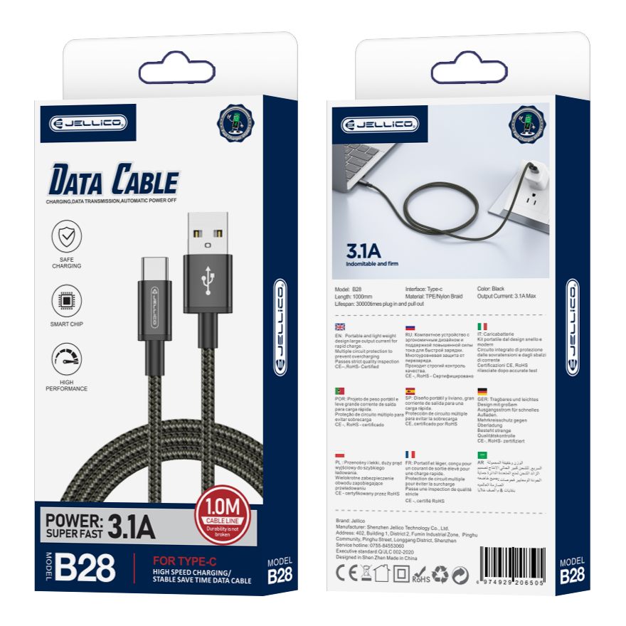 JELLICO cable B28 USB-C 3.1A 1M Black JELLICO cable B28 USB-C 3.1A 1M Black
