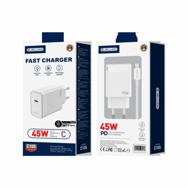 JELLICO wall charger C105 GaN PD 45W 1xUSB-C + cable USB-C - USB-C White