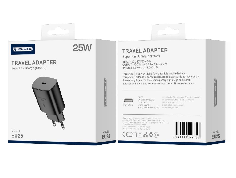 JELLICO wall charger EU25 PD 25W 1xUSB-C Black JELLICO wall charger EU25 PD 25W 1xUSB-C Black