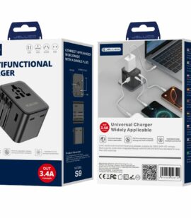 JELLICO universal travel adapter S9 PD 2xUSB-C + 1xUSB 3.4A Max 2500W Black