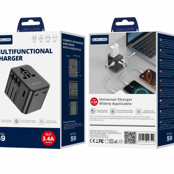 JELLICO universal travel adapter S9 PD 2xUSB-C + 1xUSB 3.4A Max 2500W Black