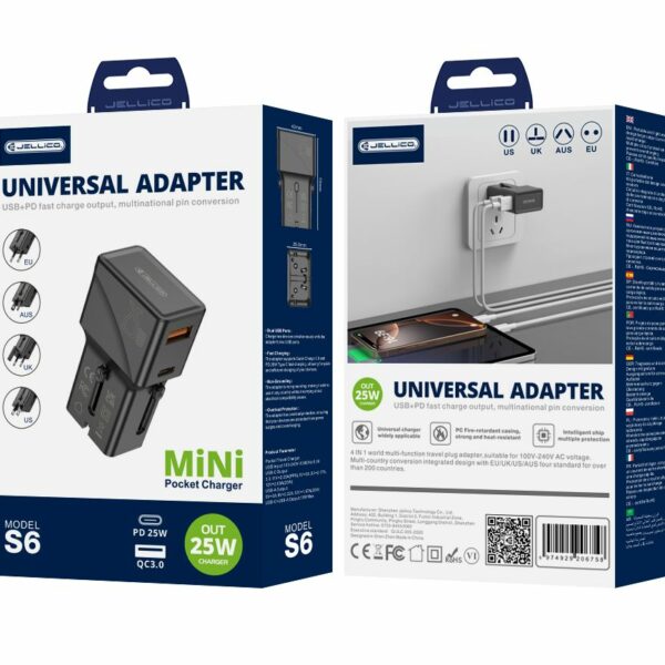JELLICO universal travel adapter S6 PD 25W 1xUSB-C + 1xUSB QC3.0 Black