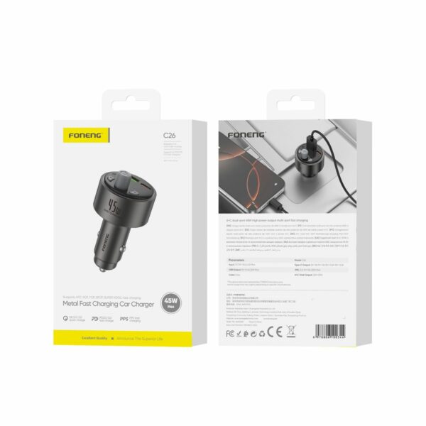 FONENG transmitter FM C26 PD 45W 1xUSB-C + 1xUSB QC3.0 Black