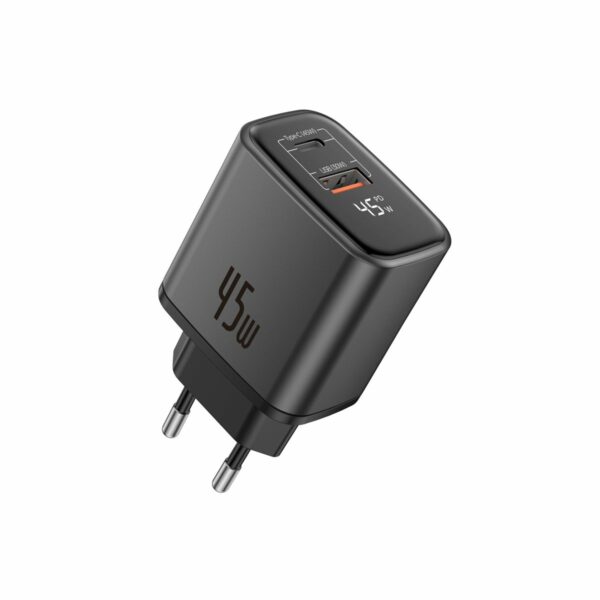 FONENG wall charger with a display MAX20-EU GaN PD 45W 1xUSB-C + 1xUSB QC3.0 Black