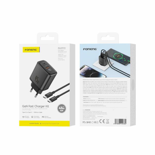 FONENG wall charger with a display MAX20-EU GaN PD 45W 1xUSB-C + 1xUSB QC3.0 + cable USB-C - USB-C Black