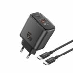FONENG wall charger with a display MAX20-EU GaN PD 45W 1xUSB-C + 1xUSB QC3.0 + cable USB-C - USB-C Black
