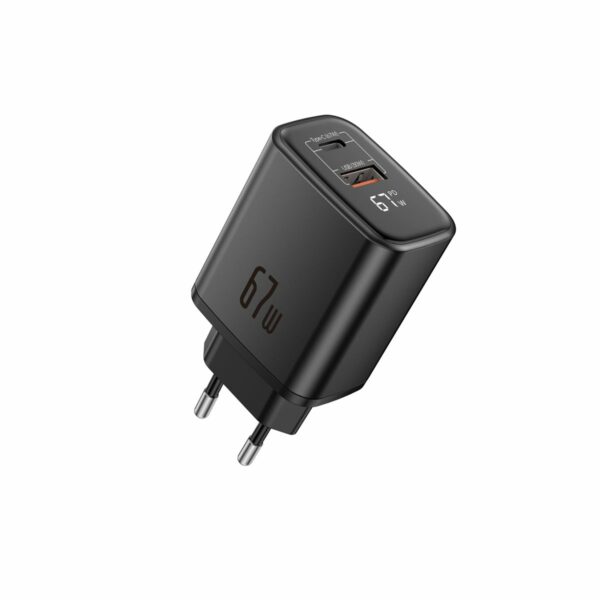 FONENG wall charger with a display MAX30-EU GaN PD 67W 1xUSB-C + 1xUSB QC3.0 Black