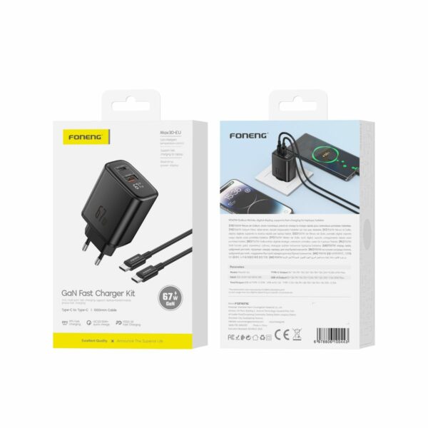 FONENG wall charger with a display MAX30-EU GaN PD 67W 1xUSB-C + 1xUSB QC3.0 + cable USB-C - USB-C Black