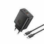 FONENG wall charger with a display MAX30-EU GaN PD 67W 1xUSB-C + 1xUSB QC3.0 + cable USB-C - USB-C Black